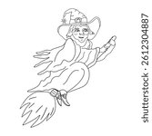 Black and white vector line art of a witch flying on a broomstick. Minimalist contour illustration with spooky Halloween theme. Perfect for seasonal designs, invitations, coloring pages, decorations. 