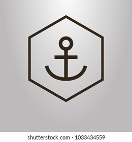 black and white vector line art symbol of a simple flat anchor in a hexagon frame