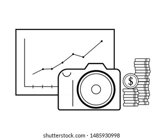 Black and white vector line art of graph camera and money, Make money from camera or photography