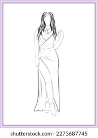 ilustración de línea vectorial en blanco y negro y boceto de moda de una bella novia o mujer con vestido de noche de falda larga o vestido de novia en una fiesta de boda de lujo