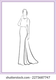 ilustración de línea vectorial en blanco y negro y boceto de moda de una bella novia o mujer con vestido de noche de falda larga o vestido de novia en una fiesta de boda de lujo