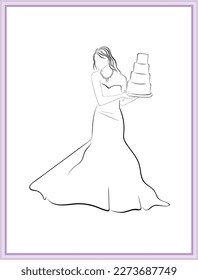 ilustración de línea vectorial en blanco y negro y boceto de moda de una bella novia o mujer con vestido de noche de falda larga o vestido de novia en una fiesta de boda de lujo