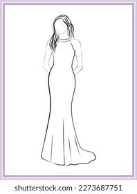 ilustración de línea vectorial en blanco y negro y boceto de moda de una bella novia o mujer con vestido de noche de falda larga o vestido de novia en una fiesta de boda de lujo