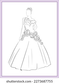 black and white vector line art illustration and fashion sketch of a beautiful bride or woman with long skirt night dress or wedding dress in a luxury wedding party