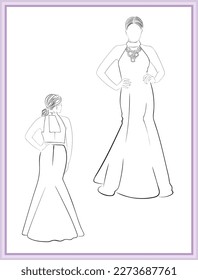 ilustración de línea vectorial en blanco y negro y boceto de moda de una bella novia o mujer con vestido de noche de falda larga o vestido de novia en una fiesta de boda de lujo