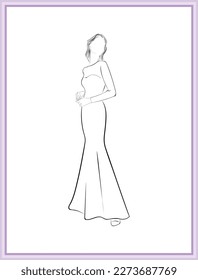 black and white vector line art illustration and fashion sketch of a beautiful bride or woman with long skirt night dress or wedding dress in a luxury wedding party