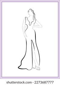 ilustración de línea vectorial en blanco y negro y boceto de moda de una bella novia o mujer con vestido de noche de falda larga o vestido de novia en una fiesta de boda de lujo