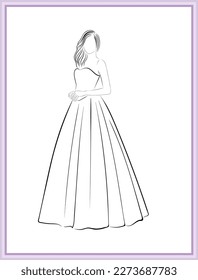 black and white vector line art illustration and fashion sketch of a beautiful bride or woman with long skirt night dress or wedding dress in a luxury wedding party