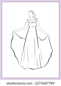 black and white vector line art illustration and fashion sketch of a beautiful bride or woman with long skirt night dress or wedding dress in a luxury wedding party