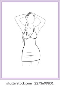ilustración de la línea vectorial en blanco y negro y boceto de moda de una bella novia o mujer con vestido de novia de falda corta o vestido de noche en una fiesta de lujo