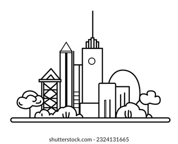 Schwarz-Weiß-Vektorgrafik einer Öko-Stadt, die erneuerbare Energien nutzt, umweltfreundliche moderne Stadtlandschaft mit ökologischer Infrastruktur und Solarpaneele.
