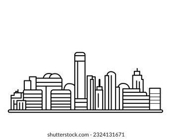 Black and white vector line art illustration of an eco city using renewable energy, eco friendly modern urban landscape with ecological infrastructure and solar panels.
