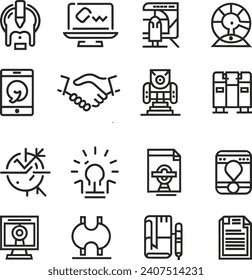 Black and white Vector black line art icons set on white background