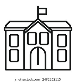 Black and white vector line art depicting a simple schoolhouse with a flag