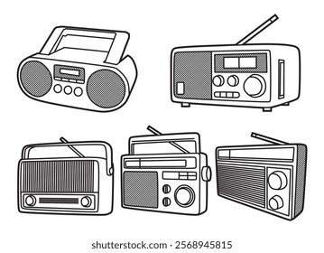 black and white vector, line art, old radio collection