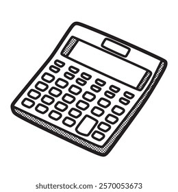 black and white vector, line art, calculator with solar power leaning left