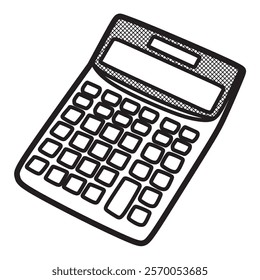 black and white vector, line art, calculator leaning left