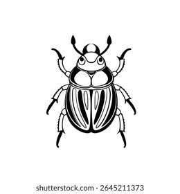 black and white vector line art of dung beetle on white background