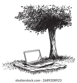 Dibujo de arte de línea de Vector en blanco y negro de la computadora portátil en una manta debajo de un árbol en un parque