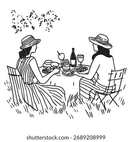 black and white vector line art drawing of summer picnics in the park