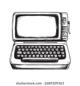 schwarz-weiße Vektorgrafik eines Retro-Monitors mit einer Schreibmaschine