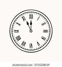 Icono de arte de línea de Vector en blanco y negro de un reloj analógico clásico con números romanos, agujas a las 11:55, que simboliza la cuenta regresiva, la medianoche, la fecha límite o la Nueva víspera de año.