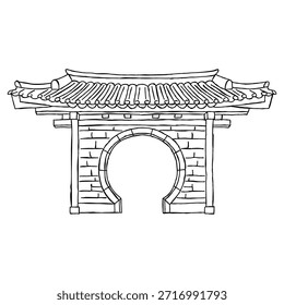A black and white vector line art illustration of a traditional Chinese moon gate architectural structure on a clean white background. The detailed sketch highlights the symbolic harmony and timeless beauty of classical Chinese garden architecture.