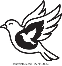 Black and white vector line art icon featuring dove silhouette within another bird shape. Symbolic design representing peace freedom hope love unity avian wildlife nature bird lover concept art.