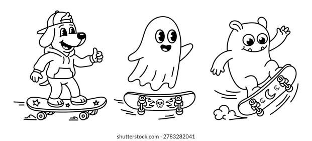 Black and white vector line art set showcasing three playful characters skateboarding. Features a dog in a hoodie and cap a cheerful ghost and a furry monster performing.