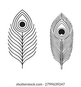  Black and white vector line art of two different stylized peacock feathers (Mor Pankh).