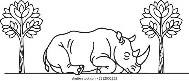Black and white vector line art illustration of a rhinoceros sleeping and resting on the ground between stylized trees. Detailed outline drawing perfect for children's coloring books, wildlife education materials, safari themes, and nature designs.