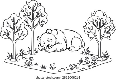 Black and white vector line art illustration of a cute giant panda sleeping peacefully on the grass surrounded by stylized trees and flowers. Detailed outline drawing perfect for children's coloring books, wildlife education materials, nature themes, and zoo designs.
