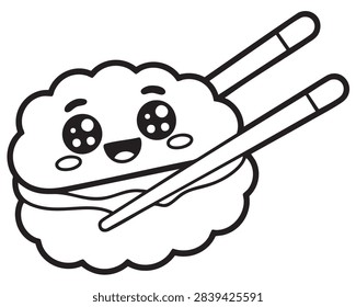 Black and white vector line art illustration of a cute, kawaii-style sushi character being held with chopsticks, designed as a fun coloring page for children.