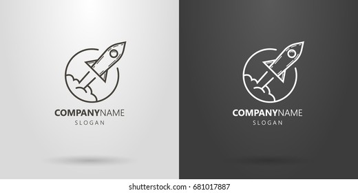 Black and white vector line art logo of flying rocket