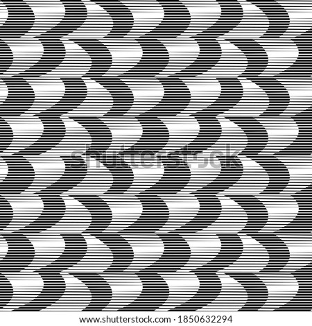 Black and white vector line art with horisontal black thin stripes on white bachground with optical illusion of volume.