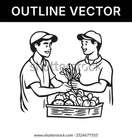 black and white vector line art drawing ofcommunity efforts to support local farmers
