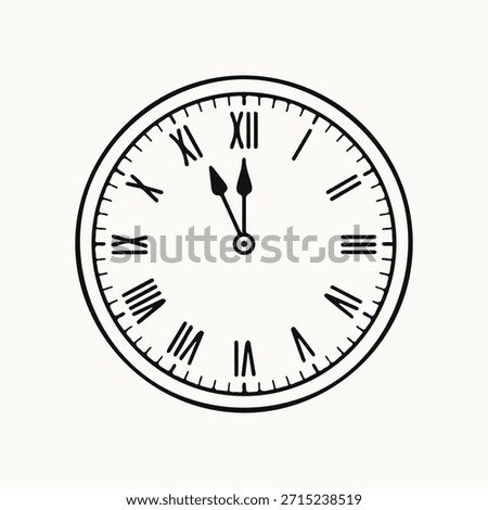Black and white vector line art icon of a classic analog clock with Roman numerals, hands at 11:55, symbolizing countdown, midnight, deadline, or New Year's Eve.