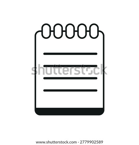 Black and white vector line art icon of a spiral-bound notepad with four horizontal lines representing writing space.