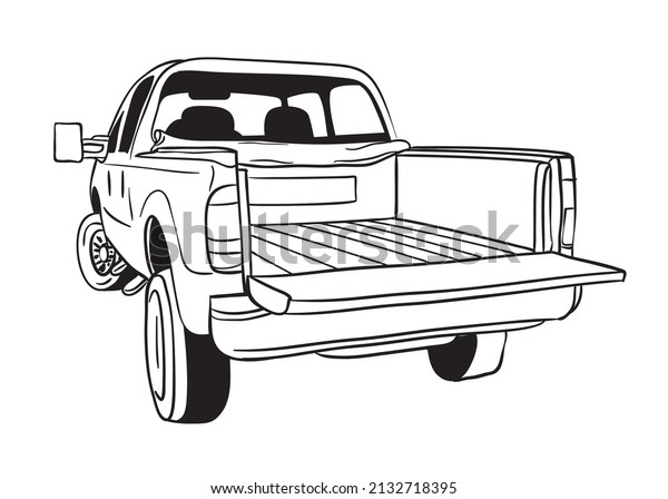 Black and white vector line art drawing of a\
pickup truck from behind