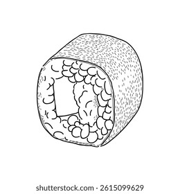 A black and white vector line drawing of a traditional sushi maki roll. This hand-drawn illustration includes detailed textures of rice, seaweed wrap, and inner fillings, ideal for use in food package