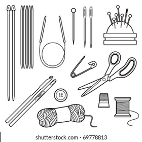 Black and white vector line drawing of crafting tools svg