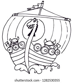 A black and white vector line illustration of a viking boat with full set sails and two small vikings with horned helmets and drawn axes, ready to pillage and plunder. 