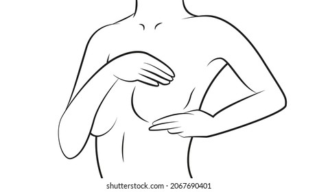 Black and white vector line illustration of a female performing chest self-exam