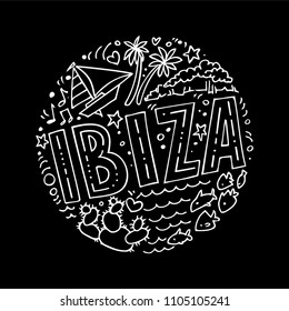 Black and white vector linear illustration of Ibiza. Round pattern with the main symbols of Ibiza, isolated elements. Can be used as a sticker, prints for t-shirts and cups, cards, posters.