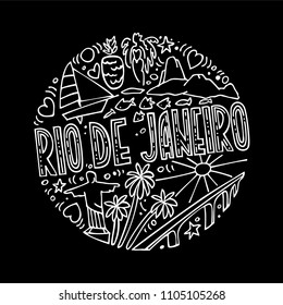 Black and white vector linear illustration of Rio de Janeiro. Round pattern with the main symbols of Rio de Janeiro, isolated elements. Can be used as a sticker, prints for t-shirts and cups, cards, p