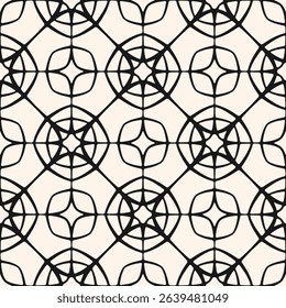Black and white vector linear ornament. Abstract geometric seamless pattern with lattice, grid, net, star shapes, diamonds. Simple minimal monochrome background texture. Repeated geo design for decor