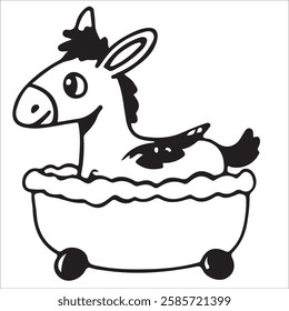 Black and white vector lineart illustration: donkey character is having a bath, children coloring page sources