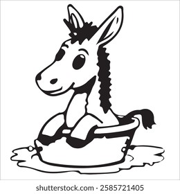 Black and white vector lineart illustration: donkey character is having a bath, children coloring page sources