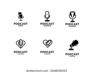 Black and white vector logo collection featuring different microphone symbols. Ideal for podcasting businesses, online radio stations, and media production services.