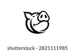 Black and white vector logo design showing a smiling pig head outline with cute ears and a big snout isolated on a white background.